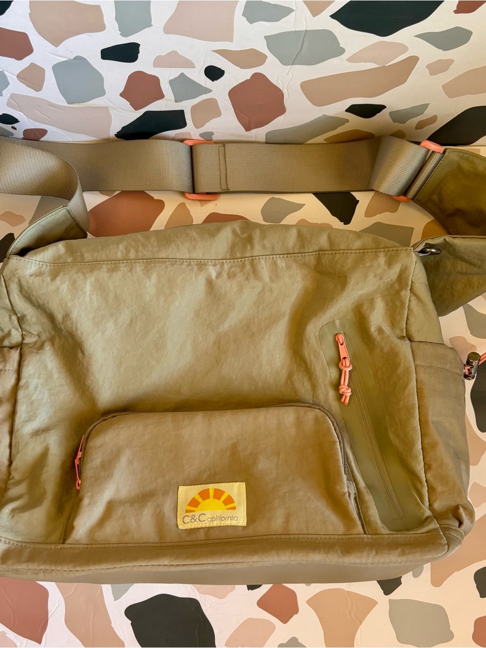 C&C California Olive Green Messenger Bag with Coral Accents
